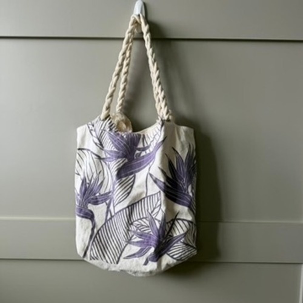 Tropical Paper Garden Tote Bag‎ OS Purple Bird of Paradise Canvas Beach Hawaiian